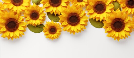 A sunflower background with open space. Sunflowers are yellow and fresh. They are laid flat with a top view, providing copy space. This background can be used for autumn or summer concepts. It is