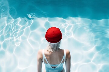 retrato minimalista mujer de pelo blanco con gorro de baño rojo nadando en una piscina azul, fotografía editorial minimalista de traje de baño 
