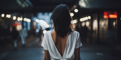 Mujer joven morena caminando por la noche por las calles de la ciudad, mujer paseando con un vestido blanco en New York  - obrazy, fototapety, plakaty