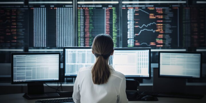 Mujer broker analizando datos en sus ordenadores, analista de datos profesional, gestión de cuentas del mercado de wall street 