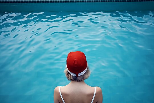 retrato minimalista mujer rubia con gorro de baño rojo nadando en una piscina azul, fotografía editorial minimalista de traje de baño 