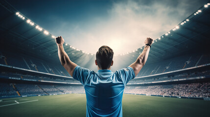Fototapeta na wymiar Football player in a blue t-shirt celebrating a victory with raised hands in the stadium