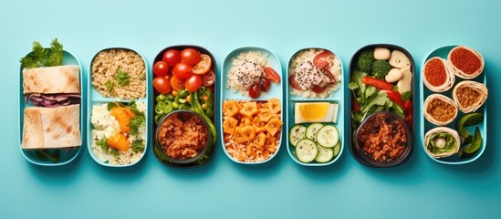 A blue background shows a top view of school lunchboxes containing a variety of healthy and nutritious meals. is taken from above, and empty space available for adding text.