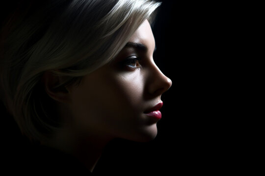 Beautiful serious concentration intelligence woman in darkness with thinking look , Closeup portrait in dark shadow low key, Art, Profile