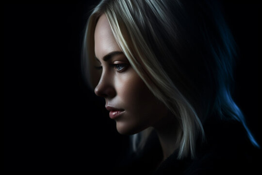 Beautiful serious concentration intelligence woman in darkness with thinking look , Closeup portrait in dark shadow low key, Art, Profile