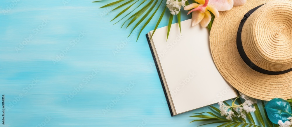 Poster a writing book with summer beach accessories on the background, providing copy space. the arrangemen
