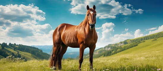 A magnificent brown horse stands on vibrant green grass with ample room for text on a sunny summer day.