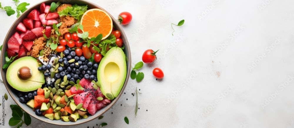 Poster a vegan poke bowl that is tasty and colorful, placed on a light gray background. it is a fresh and h