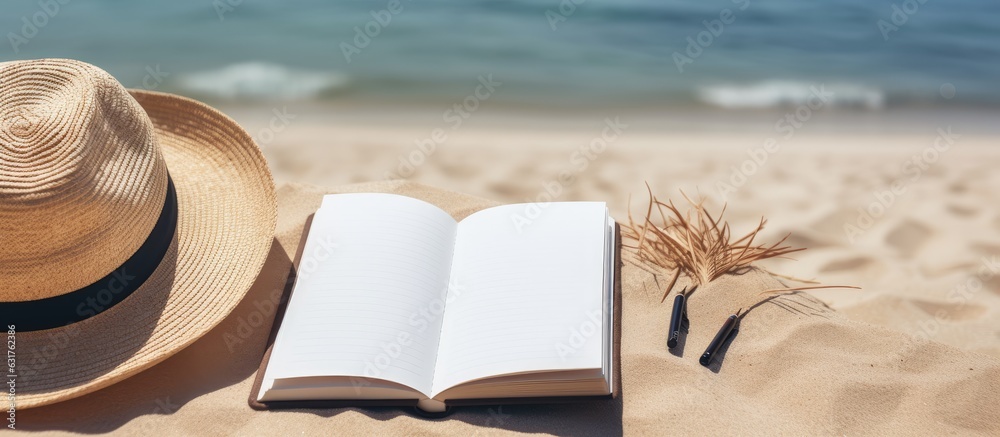 Poster a blank notebook with beach accessories in the background, suitable for writing. the photo is taken 