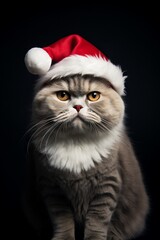 Close-up gato con gorro de Navidad, Gato gris con gorro de Papa Noel, Felicitación de navidad de mascota 