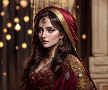 Portrait painting of pretty Ottoman royal woman, ultra realistic, gold jewelry, watercolor painting.