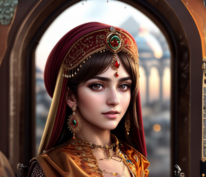 Portrait painting of pretty Ottoman royal woman, ultra realistic, gold jewelry, watercolor painting.