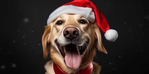 Divertido perro con un gorro de papa noel, celebrando la navidad en familia, perro feliz con gorro de Navidad  - obrazy, fototapety, plakaty