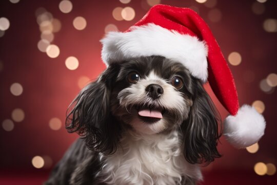 Simpatico perro con gorro de Navidad para felicitación de Navidad, felicitación navideña de mascota 