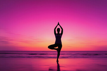 silhouette of yoga pose on beach with sunset background, healthy lifestyle and sport