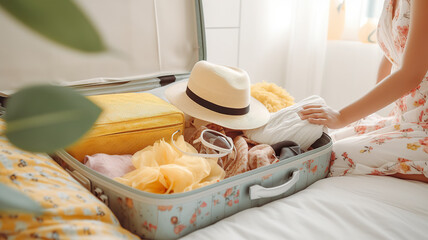 Young woman unpacking her summer clothes from suitcase in bedroom - obrazy, fototapety, plakaty