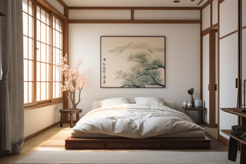 Wake up refreshed in this cozy bedroom with a comfortable bed and refreshing natural light from the window. AI Generative
