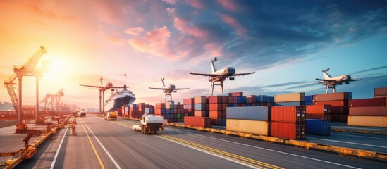 Obraz na płótnie Canvas the transport industry involves the import and export of containers, cargo, and freight through various means such as cranes, container handlers, cargo planes, and trucks. This process takes place