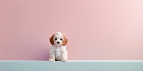 retrato minimalista aesthetic perro pequeño, mascota adorable sobre fondo neutro aislado, invitación para evento de mascotas, descuento veterinario  - obrazy, fototapety, plakaty