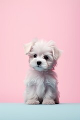 Precioso cachorro de bichón maltes sobre fondo rosa, retrato aesthetic adorable de perro pequeño, retrato minimalista mascota  - obrazy, fototapety, plakaty