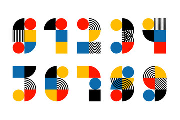 Numbers. Trendy font in retro Bauhaus design style. Artistic geometric printing type. Stylized alphabet drawing in blue, red, yellow and black