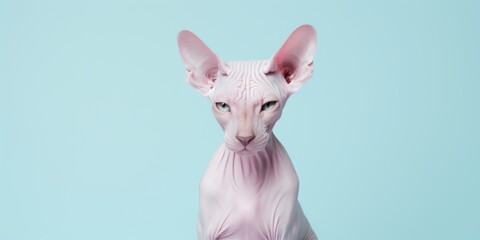 Gato egipcio o esfinge, el rey de los gatos sin pelo, retrato minimalista de gato sphynx con fondo azul - obrazy, fototapety, plakaty