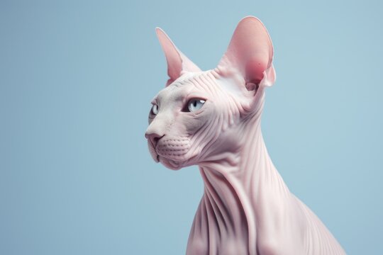 retrato gato sphynx con fondo azul, precioso gato egipcio con muchos pliegues en la piel, retrato minimalista mascota 