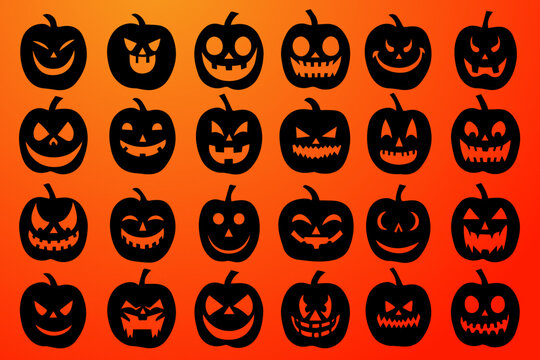 24 pumpkins, halloween black and white icons over orange background, stencil vector illustration