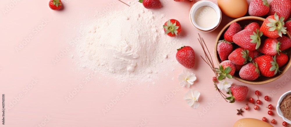 Aufkleber flatlay composition of ingredients and utensils for creating a homemade strawberry pie, featuring dough preparation on a pink background with available space for text.