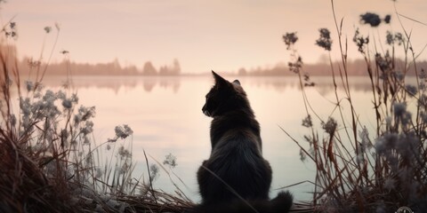 Camping con gato domestico, viaje a la naturaleza con gato, amanecer en el lago con gato, silueta de gato frente al río en el bosque  - obrazy, fototapety, plakaty