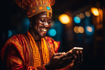 Cheery black man in african costume holding smartphone, soft light photography