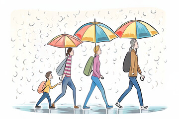 Adults and children with umbrellas walk in the rain.