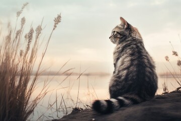 Paseando gato domestico en la naturaleza, ruta de senderismo para gatos, gato gris mirando el río  - obrazy, fototapety, plakaty