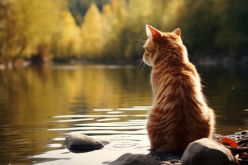 Precioso gato naranja paseando en la naturaleza, paseo por el río con gato domestico, gato en el río  - obrazy, fototapety, plakaty
