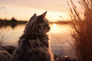 Gato domestico en la naturaleza, paseando un gato al lado del río, precioso gato mirando el horizonte en la naturaleza - obrazy, fototapety, plakaty
