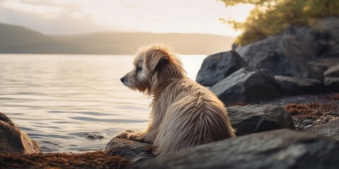 Cachorro de perro sentado a la orilla del río al atardecer, perro peludo en el lago, senderismo con perros - obrazy, fototapety, plakaty