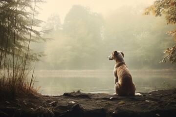 Perro de paseo en la naturaleza, perro grande mirando el lago, mascota pensativa en el bosque - obrazy, fototapety, plakaty