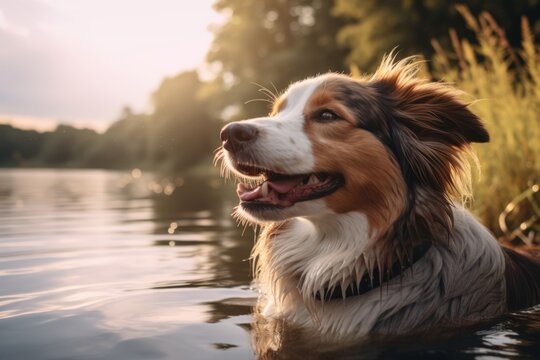 perro bañándose en el rio, pastos australiano disfrutando en la naturaleza, atardecer con mascota en el lago 