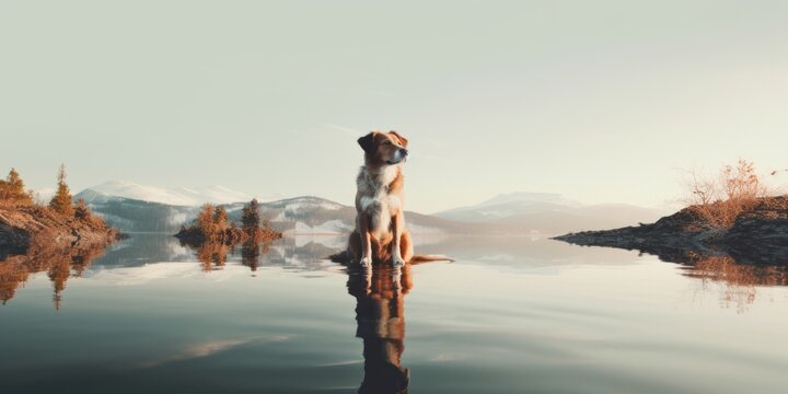 Retrato minimalista de un perro en la naturaleza, rutas de senderismo para mascotas, reflejo de un perro en el lago