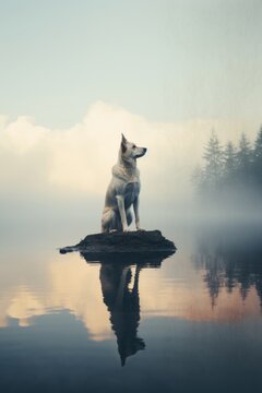 Magnifico perro en la naturaleza, retrato minimalista aesthetic mascota en un lago, perro en una roca en mitad del lago, naturaleza salvaje