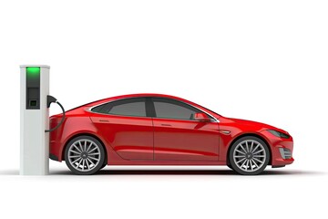 A red car parked at a charging station created with Generative AI technology