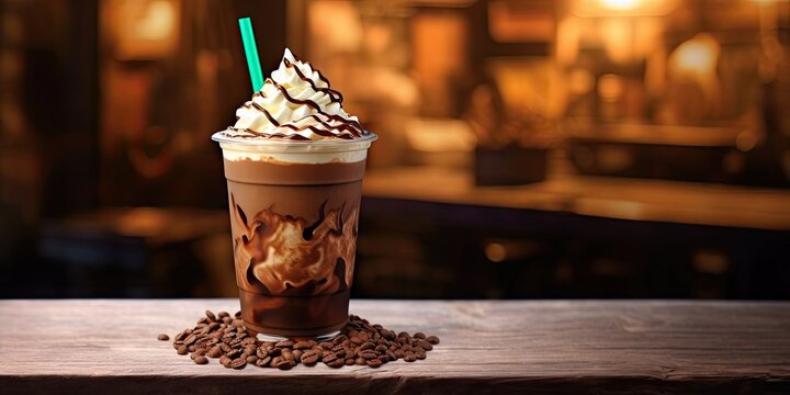 Creamy milk chocolate drink. Homemade latte with whipped cream. Iced chocolate cappuccino on wooden table