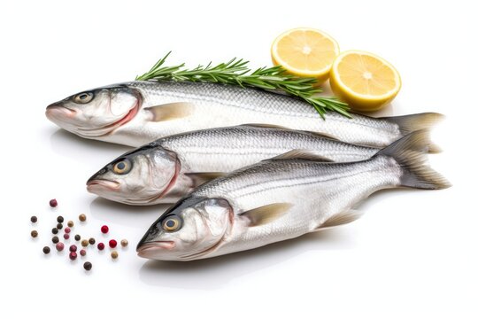 Three fish with herbs and lemons on a white background created with Generative AI technology