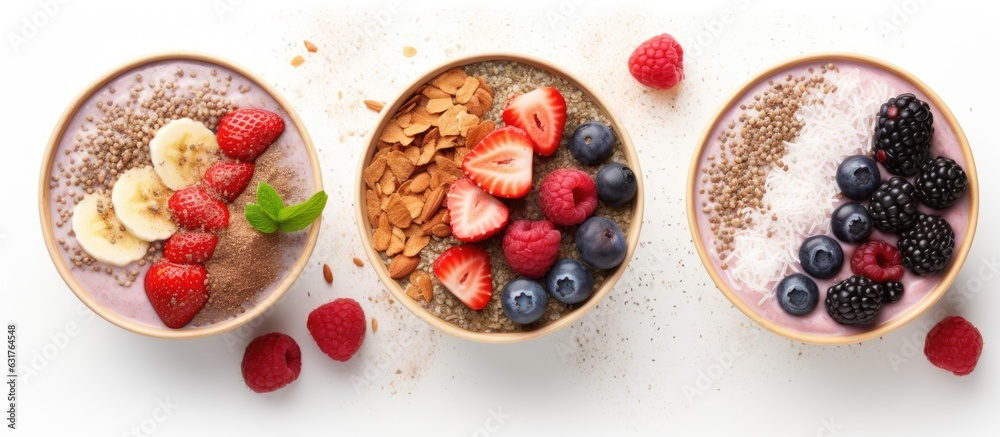 Poster a plant-based diet concept featuring a vegan smoothie bowl with chia pudding, berries, and granola, 