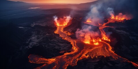 Impresionante erupción de un volcán al atardecer, close-up explosión magma al anochecer 