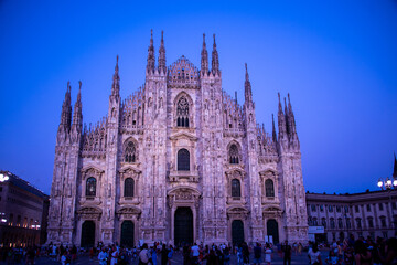  view of famous Milan Cathedral (Duomo di Milano) on piazza in Milan, Italy	