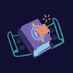 Magic book with spells, wizards, scrolls. Vector simple doodle outline style.