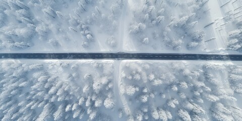 Aerial  Drone view de una carretera en mitad de una tormenta de nieve, nevada en el bosque en invierno  - obrazy, fototapety, plakaty