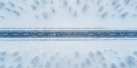 Aerial  Drone view de una carretera en mitad de una tormenta de nieve, nevada en el bosque en invierno 