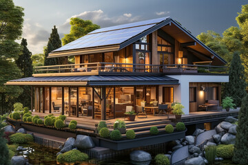 Solar panels on gable roof. Beautiful big modern house and solar energy. Energy saving concept. Generative AI